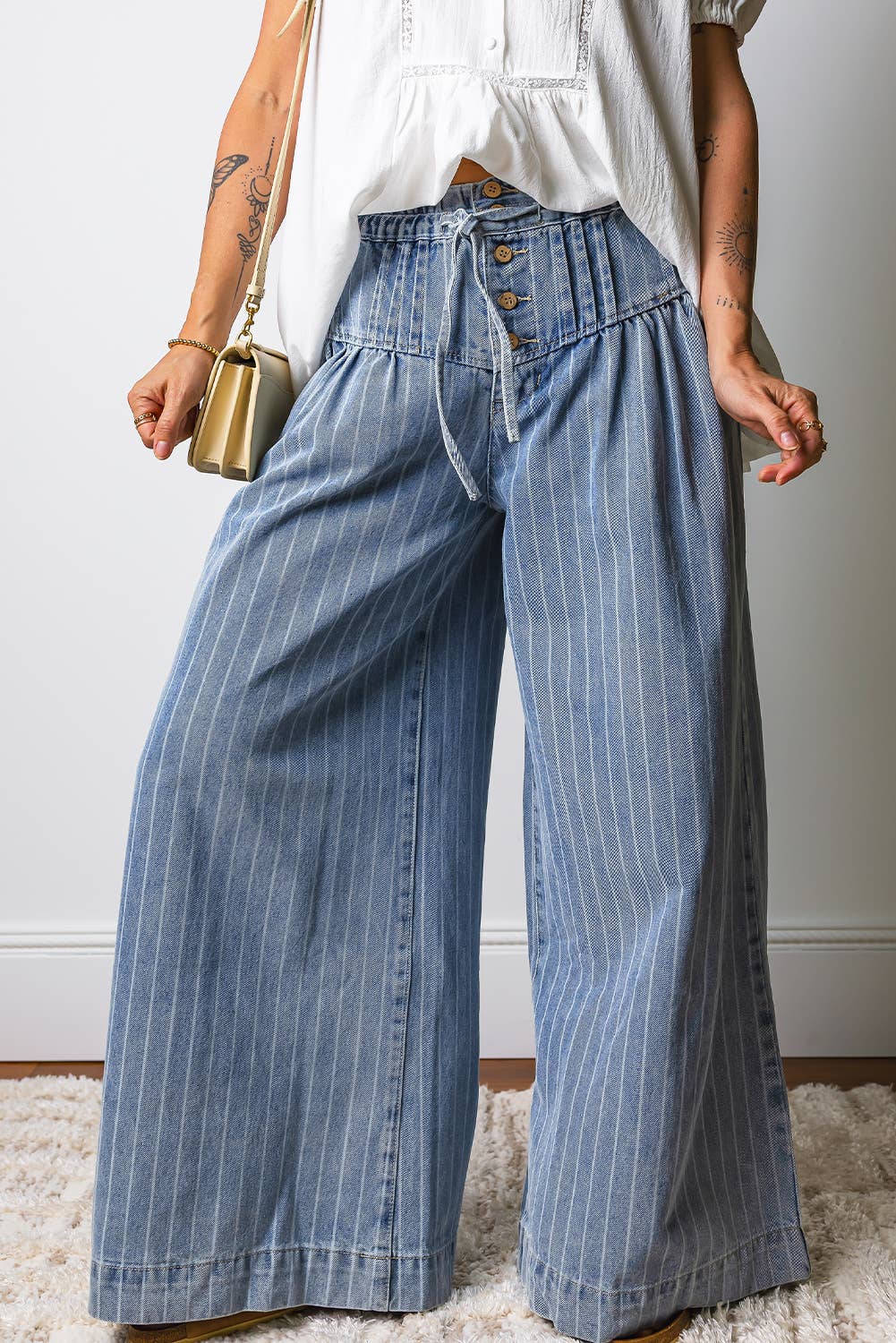 Stripe Button Pleated Drawstring Waist Wide Leg Jeans|S-4X: Sky Blue Stripe / 8