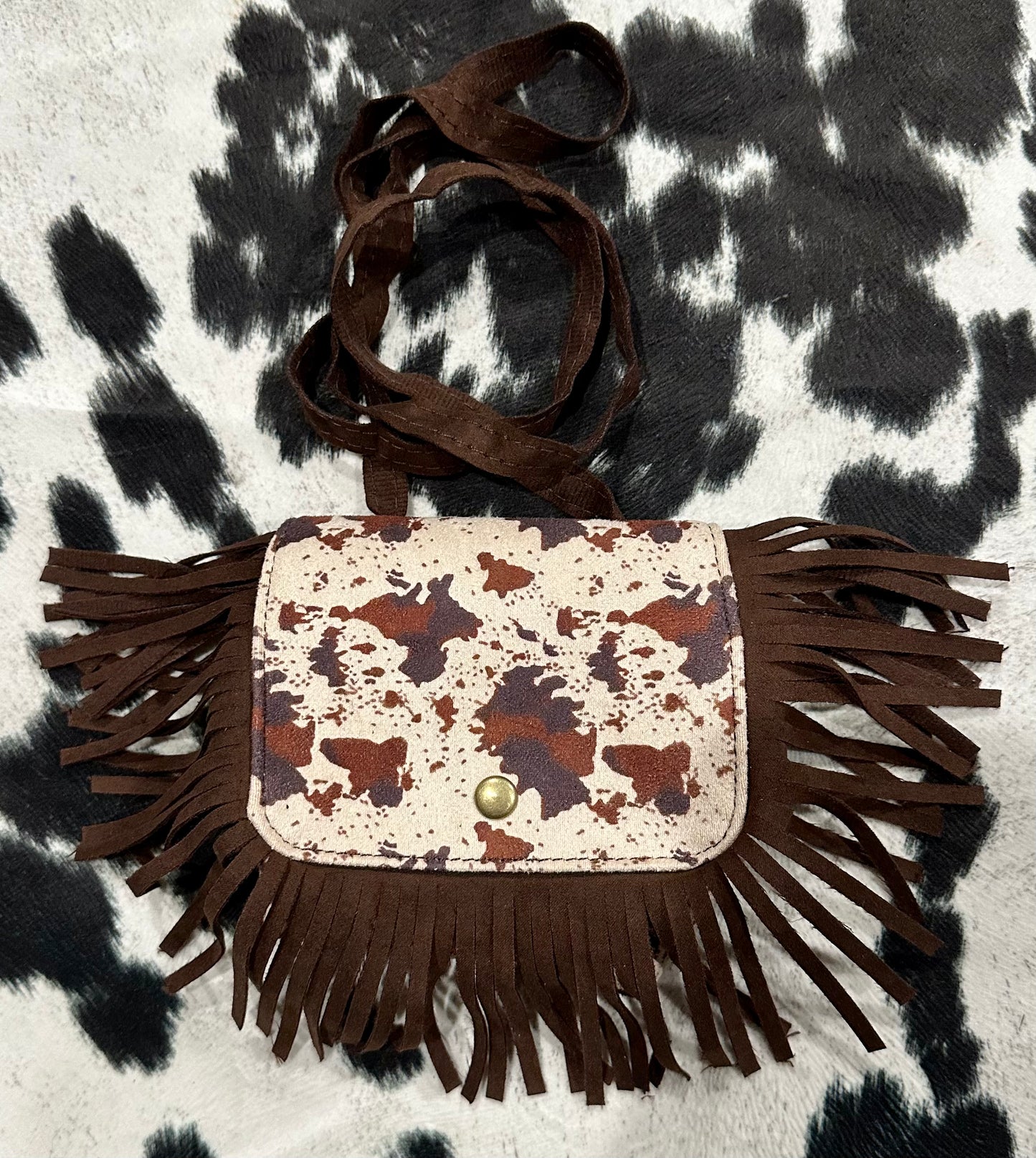 Brown Cow Print Fringe cross body