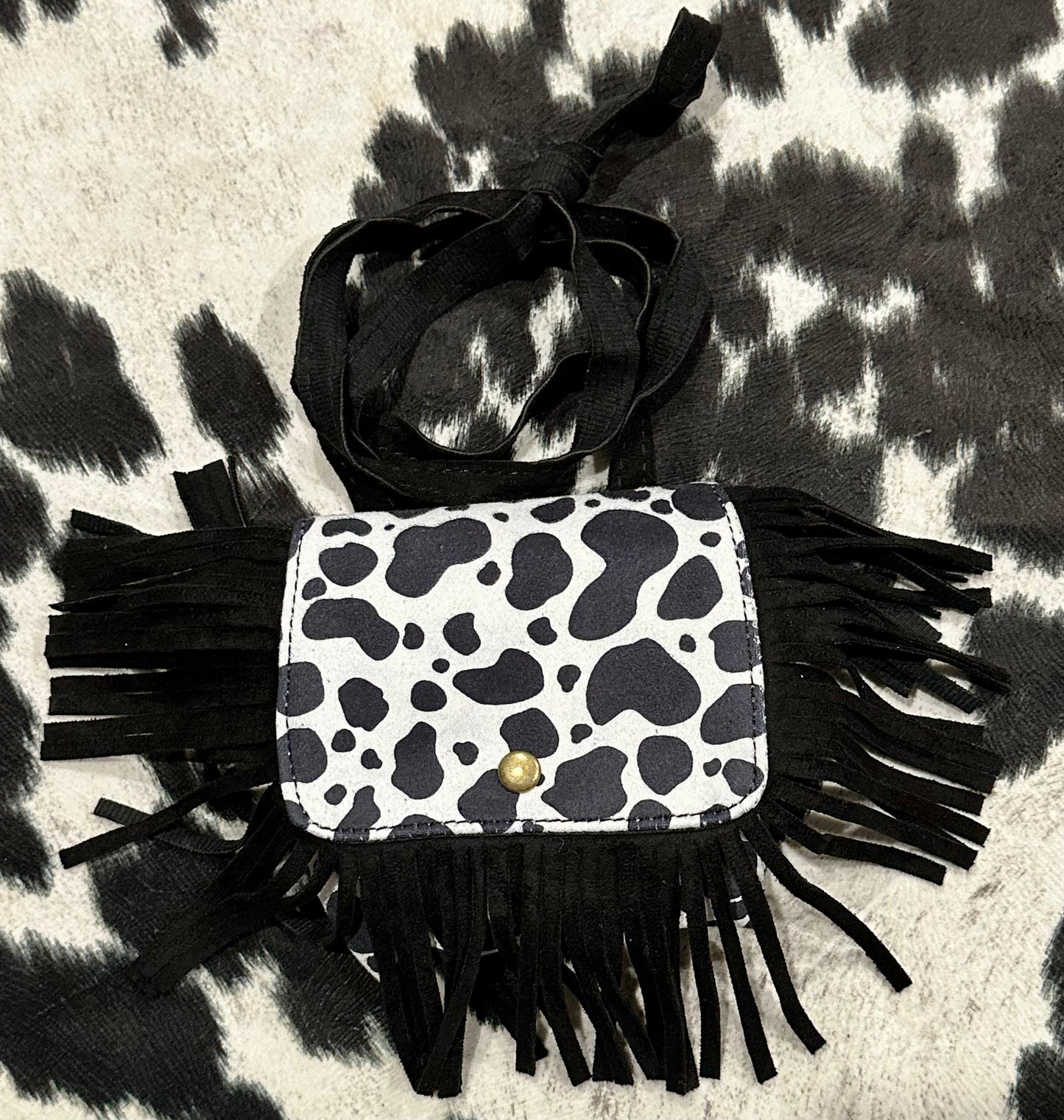 Black Cow Print Fringe cross body