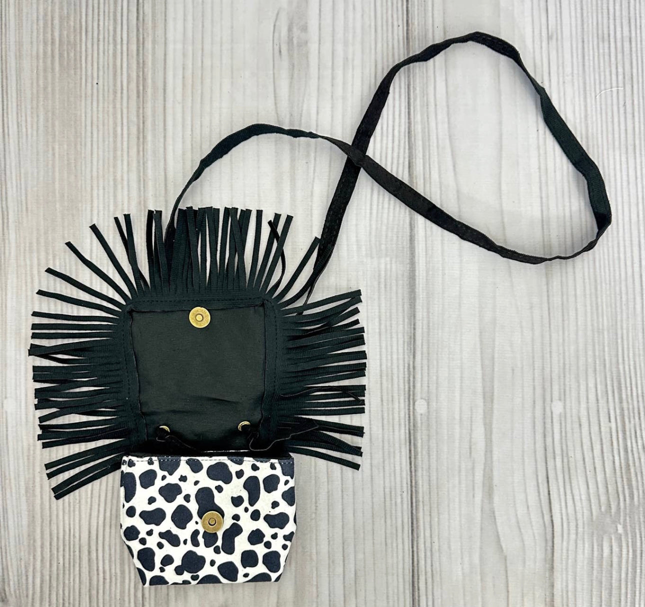 Black Cow Print Fringe cross body