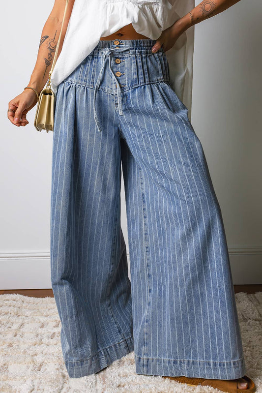 Stripe Button Pleated Drawstring Waist Wide Leg Jeans|S-4X: Sky Blue Stripe / 12