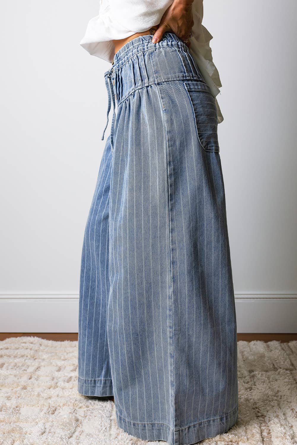 Stripe Button Pleated Drawstring Waist Wide Leg Jeans|S-4X: Sky Blue Stripe / 10