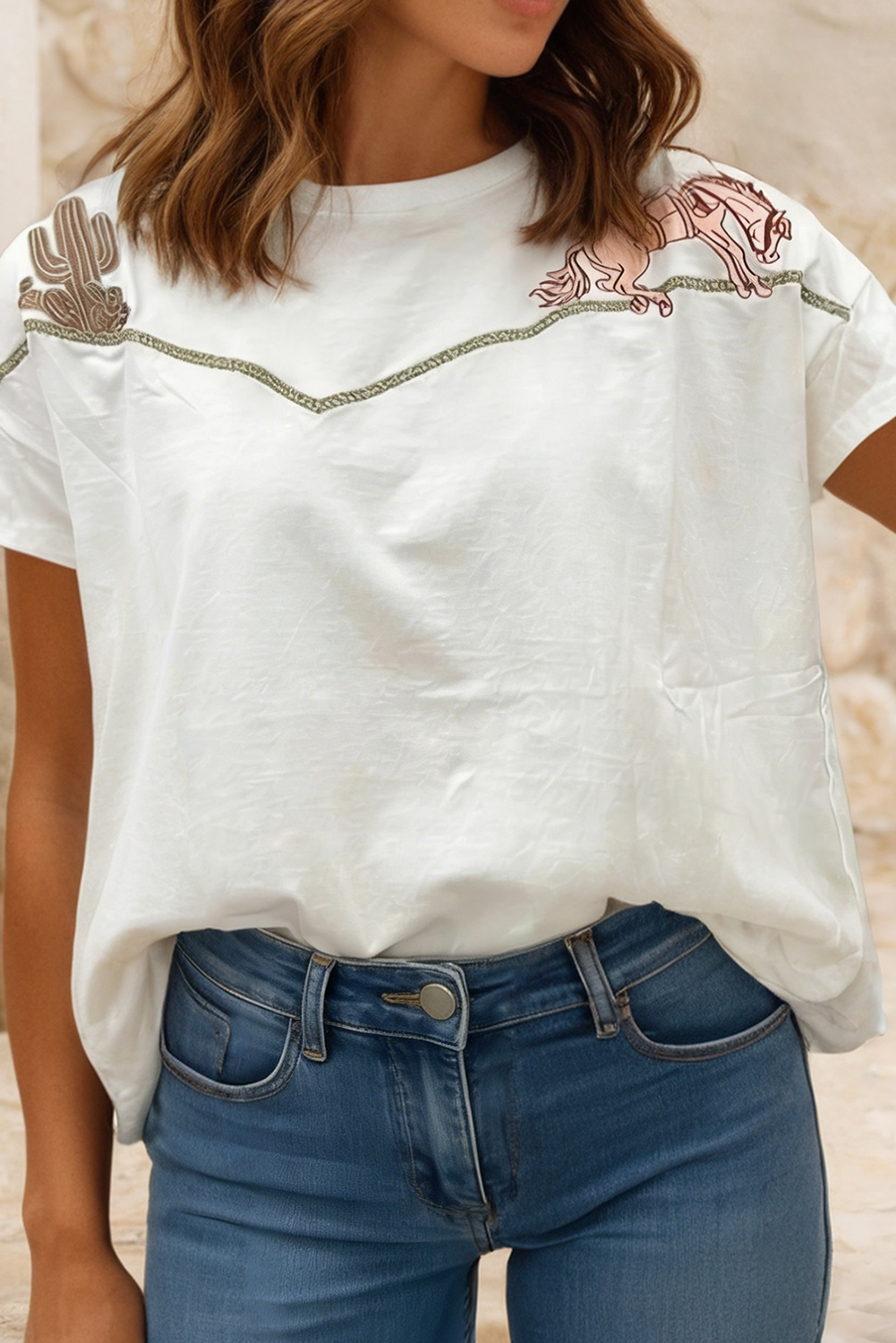 LDC Western Fashion Embroidered Casual Tee: White / L