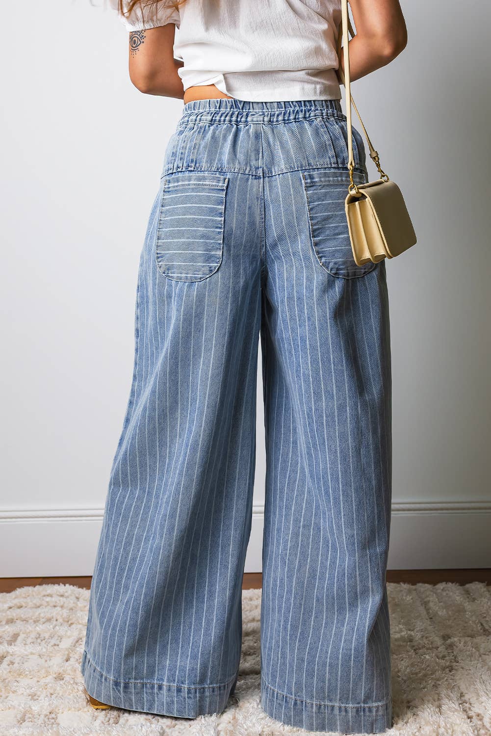Stripe Button Pleated Drawstring Waist Wide Leg Jeans|S-4X: Sky Blue Stripe / 10