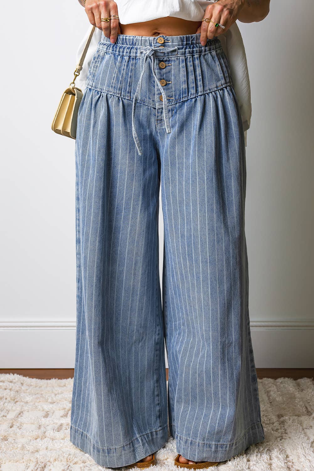 Stripe Button Pleated Drawstring Waist Wide Leg Jeans|S-4X: Sky Blue Stripe / 6