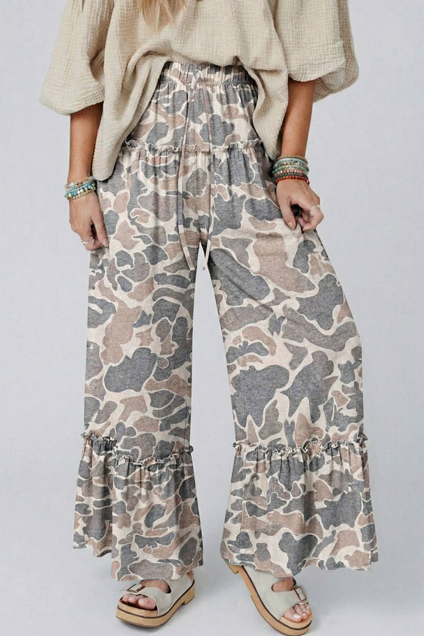 LDC Camo Print Wide Leg Casual Pants: Multicolour / M