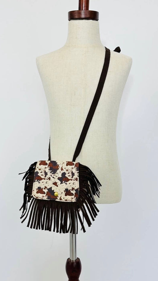 Brown Cow Print Fringe cross body