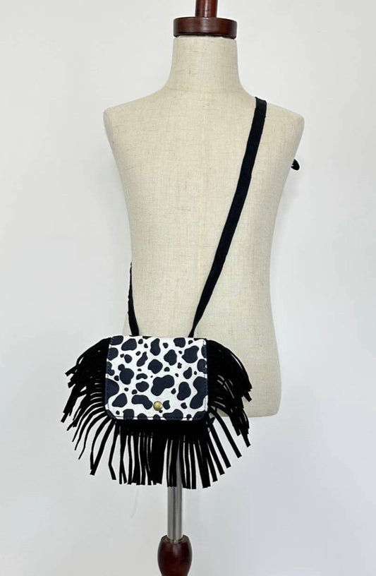 Black Cow Print Fringe cross body