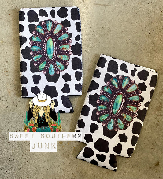 Turquoise Concho + Cow Print Slim Can Holder